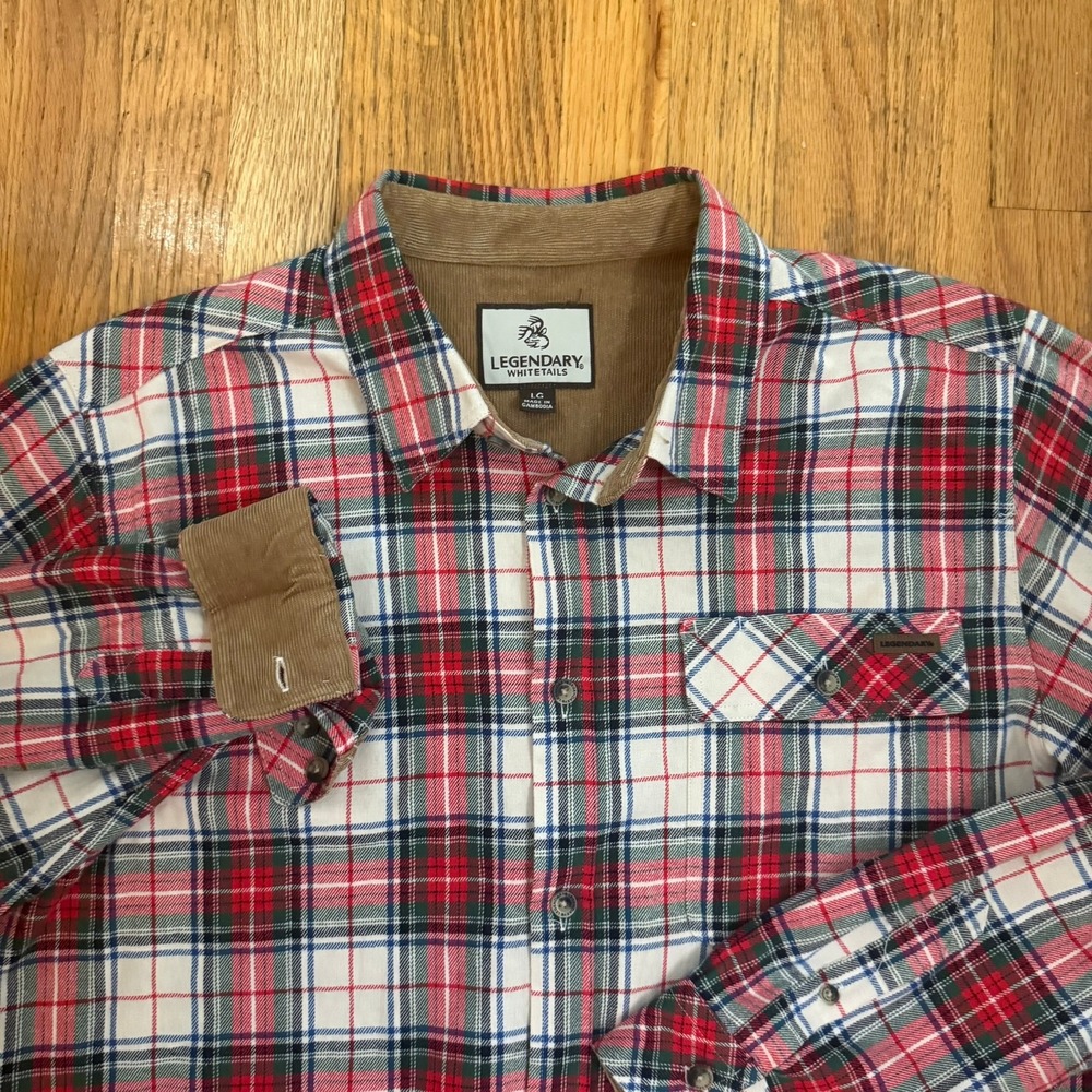 Legendary Whitetails Mens Plaid Flannel LS Shirt Red Green White Christmasmas L